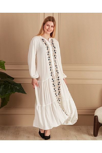 EL jadida Women's Embroidered Buttoned Plus Size Viscose Long Dress White Mink