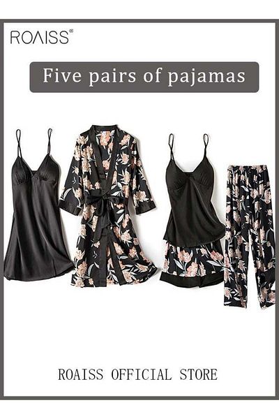 ROAISS 5-Pack Women's Pajama Set Sling with Chest Pad Nightdress Sweet Sleepwear