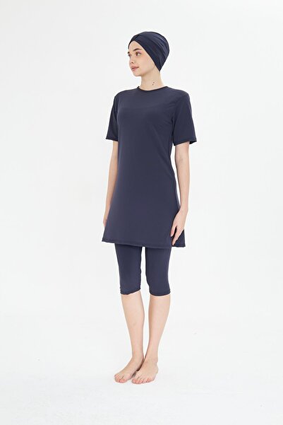 Fantasy Short Sleeve Lycra Semi-Covered Hijab Swimsuit Navy Blue 3484-L