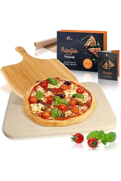 AMAZY Baking Stone, Wooden Shovel and Permanent Baking Sheet Set, Amazy, 38 cm x 30 cm x 1.5 cm, Cream