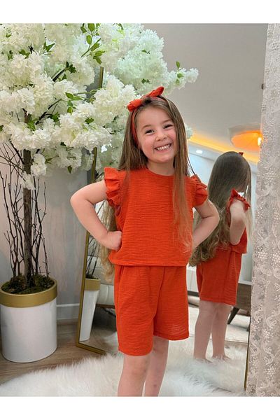 GÖKJOY BUTİK Orange Color Hair Band Included Shorts Summer 3-Piece Set