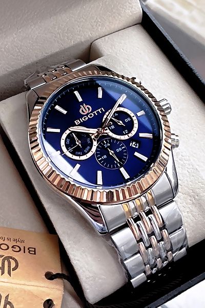 Bigotti Special Boxed 5 Atm Waterproof Men Wristwatch Rose Silver Steel Band + Gift Bracelet Bme2028C2