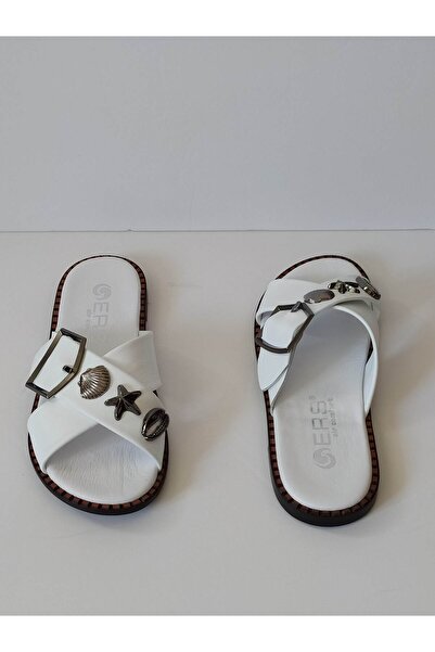 ERS Air Comfort Women's White Genuine Leather Cross Wefted Seashell Buckle Flat Daily Stylish Slippers