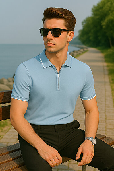 Pobudo Light Blue Color Zipper Detailed Polo Neck Men's Knitwear T-Shirt