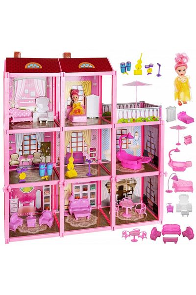 Smart Vibe DollyHouse Casă de păpuși cu 3 etaje, KinderVibe cu 8 camere, terasă, 22 de accesorii pentru mobilier și muzică