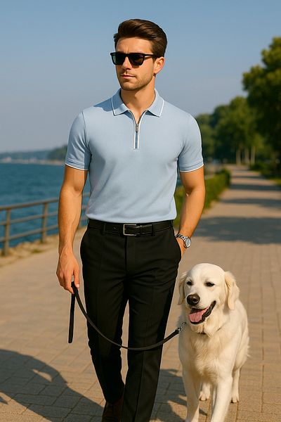 Pobudo Light Blue Color Zipper Detailed Polo Neck Men's Knitwear T-Shirt