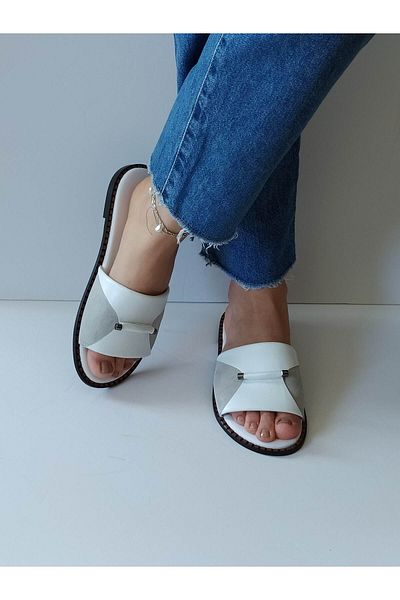 ERS Air Comfort Women's White Genuine Leather Front Buckle Flat Daily Stylish Slippers