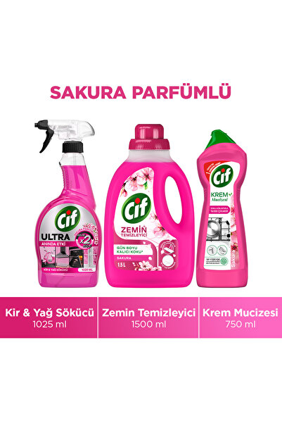 Cif Ultra Sprey Sakura Parfümlü 1025 ml x1 + Cif Krem Sakura Parfümlü 750 ml x1 + Cif GPC Sakura x1