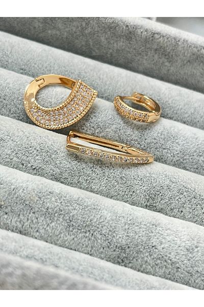 Vitastyle Gold Color Zircon Stone Detailed Steel 3-Piece Hoop Model Earrings