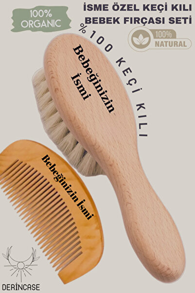 derincase Lazer Yazım İsme Özel %100 Doğal Ve Yumuşak Keçi Kılı Fırça Ve Ahşap Tarak Seti+Bez Kese Hediyeli