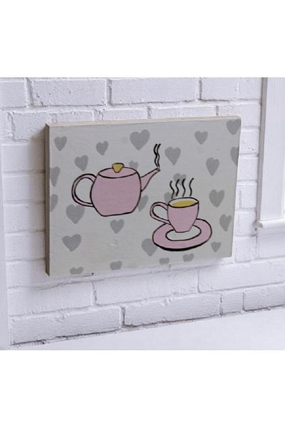 Decoratiuni Vintage Casa Retro Hand-painted kitchen painting, on wood, Teapot and cup, white with pink, 20 x 25 cm