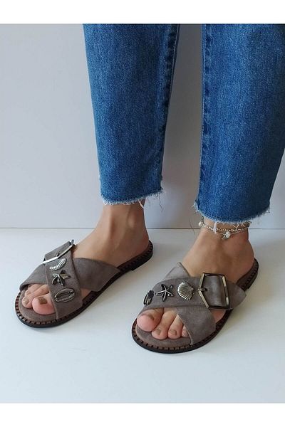 ERS Air Comfort Women's Mink Suede Genuine Leather Crossed Scarf Sea Shell Buckle Flat Daily Stylish Slippers