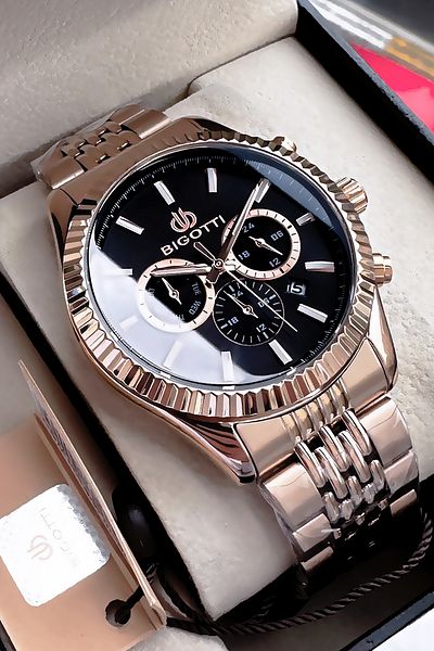 Bigotti Special Boxed 5 Atm Waterproof Men Wristwatch Rose Gold Steel Band + Gift Bracelet Bme2028C3