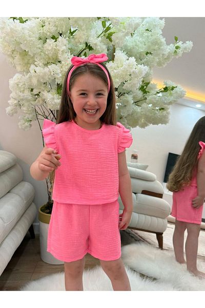 GÖKJOY BUTİK Leon Pink Hair Band Included Shorts Summer 3-Piece Set