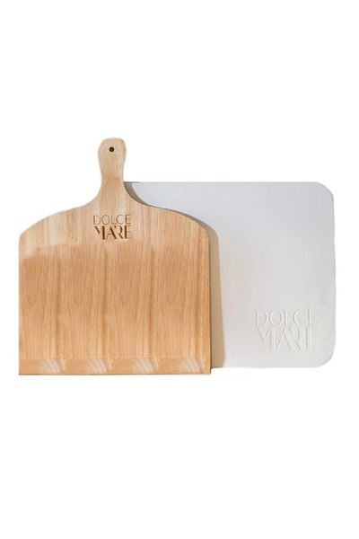 Dolce Mare Set de pizza, lopată de lemn 29,5 x 28 cm, piatră de copt 38 x 30 cm albă, DOLCE MARE