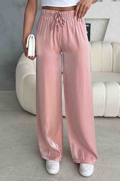 Cappmoda Pnt-07395 Powder Satin Fabric Waist Elastic Palazzo Trousers