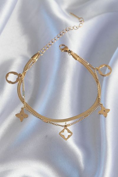 NEZADE STORE 316L Steel Gold Color Double Chain Clover Design Bracelet