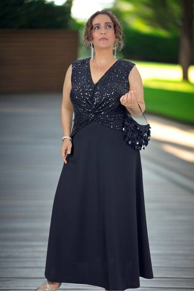 yagmurberen Kruvaze Cut Pul Paillettes Detailled Flare Cut Double Crepe Skirt Plus Size Evening Dress