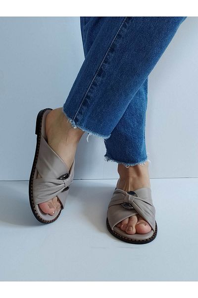ERS Air Comfort Women's Mink Genuine Leather Cross Weft Buckle Flat Daily Stylish Slippers