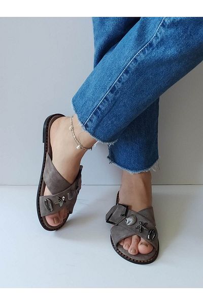 ERS Air Comfort Women's Mink Suede Genuine Leather Crossed Scarf Sea Shell Buckle Flat Daily Stylish Slippers
