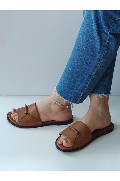 ERS Air Comfort Women's Tan Genuine Leather Front Buckle Flat Daily Stylish Slippers