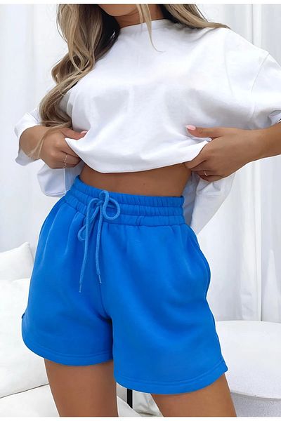 NO 601 Pantaloni scurți Saks Blue Flat Single din bumbac pieptănat pentru femei