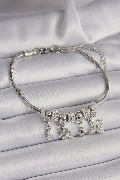 NEZADE STORE Brass Silver Color Chain Dangle Zircon Stone Clover Figure Charm Bracelet