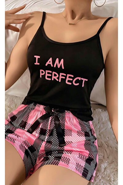 levvas Women's Black Square Patterned Strap Shorts Pajama Set 5012