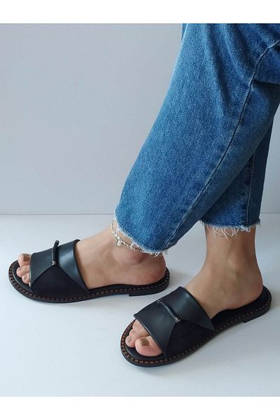 ERS Air Comfort Women's Black Genuine Leather Front Buckle Flat Daily Stylish Slippers
