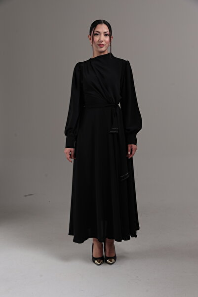 Zafira Conception Zafira Siyah Tesettür Krep Elbise Uzun Kollu, Kloş Etek, Taş Detaylı Modest Davet Özel Gün Şık Model