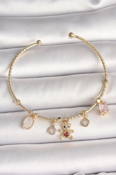NEZADE STORE Brass Gold Color Dangle Zircon Stone Teddy Bear Figure Red Heart Detail Charm Women's Bracelet