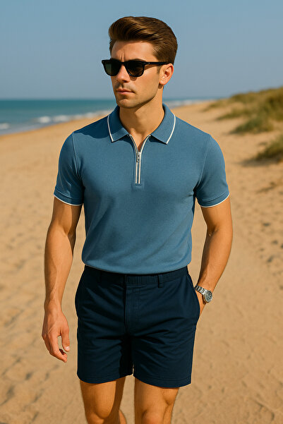 Pobudo Mavi Renk Fermuar Detaylı Polo Yaka Erkek Triko Tişört