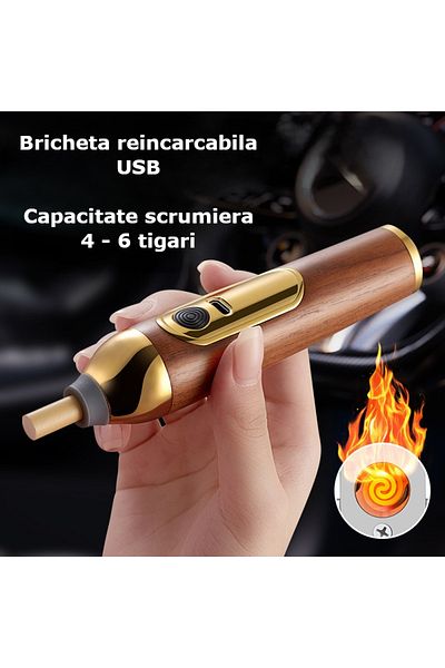 Influential Tech Premium walnut ashtray w/ USB lighter, 3 sleeves, anti-ash, for travel/home/office/car, gold
