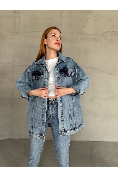 Cappmoda Ckt-12438 Blue Stone Embroidered Pocket Detailed Boyfriend Denim Jacket