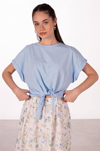 BARRELS AND OIL Women's double sleeve front tie t-shirt - light blue