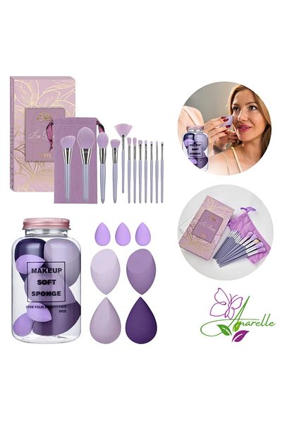 Manolex Professional Set of 13 Makeup Brushes with Bag + 7 Polyurethane Sponges with Container