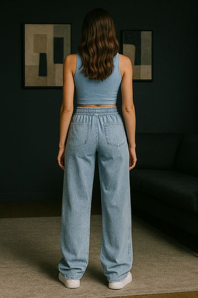 LİMABEL Women's Blue Casual Elastic Waist Palazzo Jeans Trousers Summer