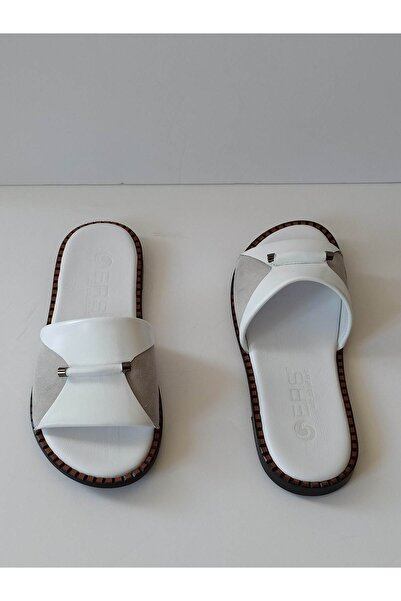 ERS Air Comfort Women's White Genuine Leather Front Buckle Flat Daily Stylish Slippers