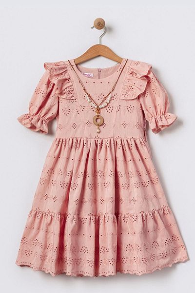 Tivido Short Sleeve Girl's Brode Dress - Powder