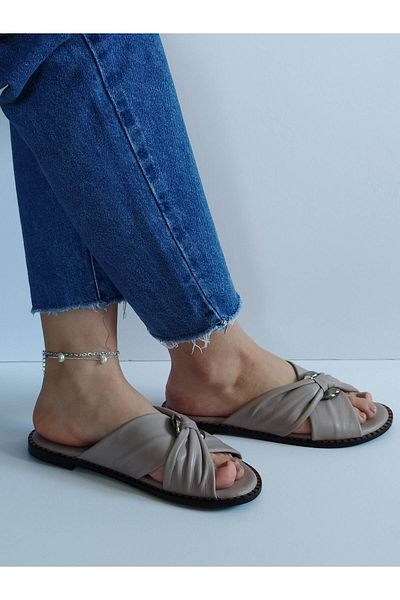 ERS Air Comfort Women's Mink Genuine Leather Cross Weft Buckle Flat Daily Stylish Slippers
