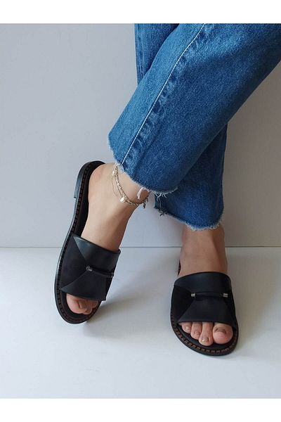 ERS Air Comfort Women's Black Genuine Leather Front Buckle Flat Daily Stylish Slippers