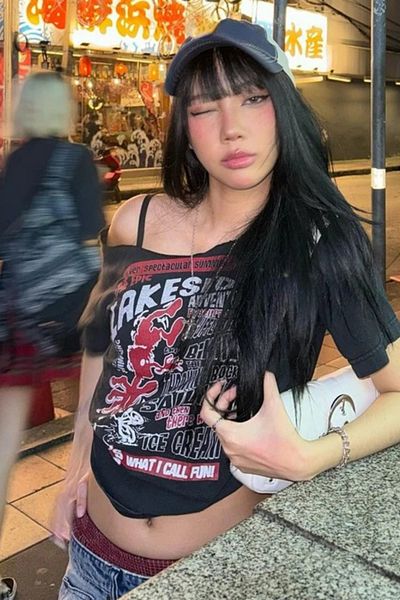 Köstebek Smoked Lakeside Off Shoulder Strap Y2K Short Sleeve Crop T-Shirt