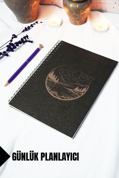 markcat A5 Landscape Themed Black Kraft Cover Notebook - Daily Planner - 45 Sheets (90 Pages) 15X21 cm