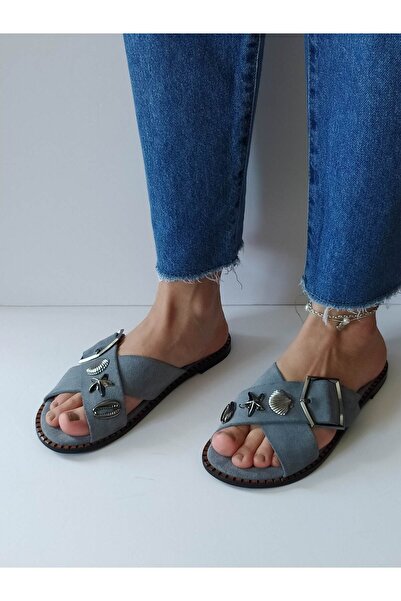 ERS Air Comfort Women's Denim Blue Suede Genuine Leather Crossed Scarf Seashell Buckle Flat Daily Stylish Slippers