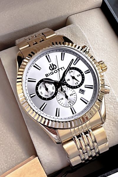 Bigotti Special Boxed 5 Atm Waterproof Men Wristwatch Gold Color Steel Band + Gift Bracelet Bme2028C1