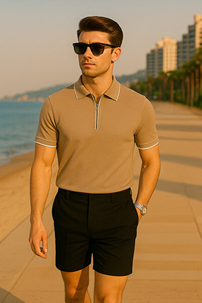 Pobudo Vizon Renk Fermuar Detaylı Polo Yaka Erkek Triko Tişört