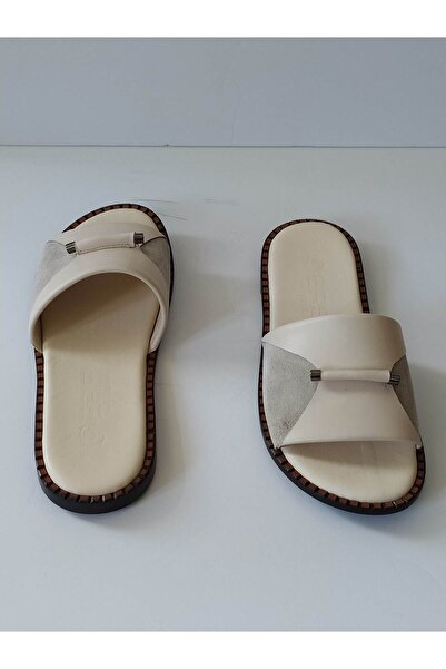 ERS Air Comfort Women's Beige Genuine Leather Front Buckle Flat Daily Stylish Slippers