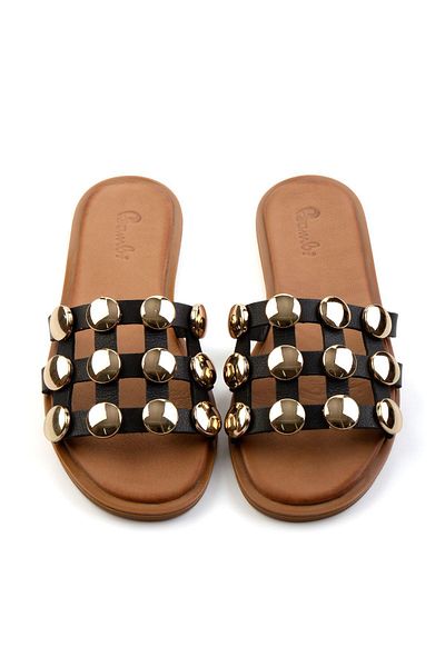 Bambi Black Leather Women's Slippers K04507111103