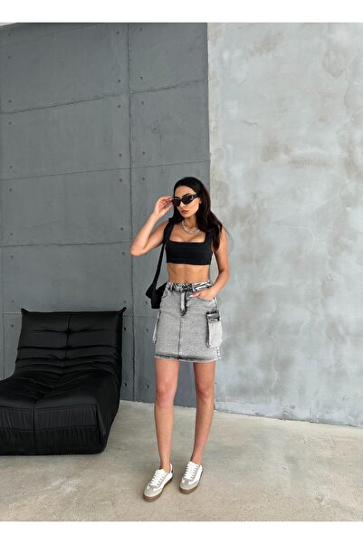 Zeo Basic Cargo Pocket Detail Gray Ice Wash Mini Denim Skirt