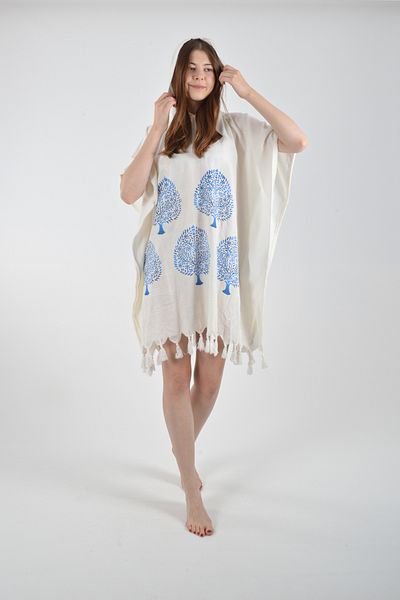 REİNA TEKS Viscon Hooded Ethnic Blue Tree Pattern Poncho 1 Piece Pareo